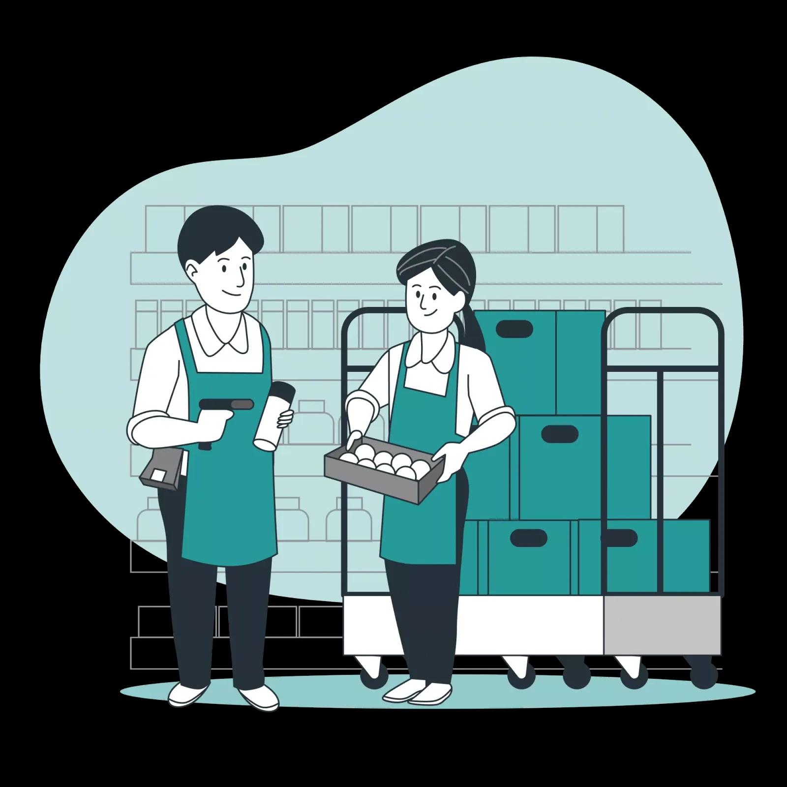 Illustration of staff handling stock boxes