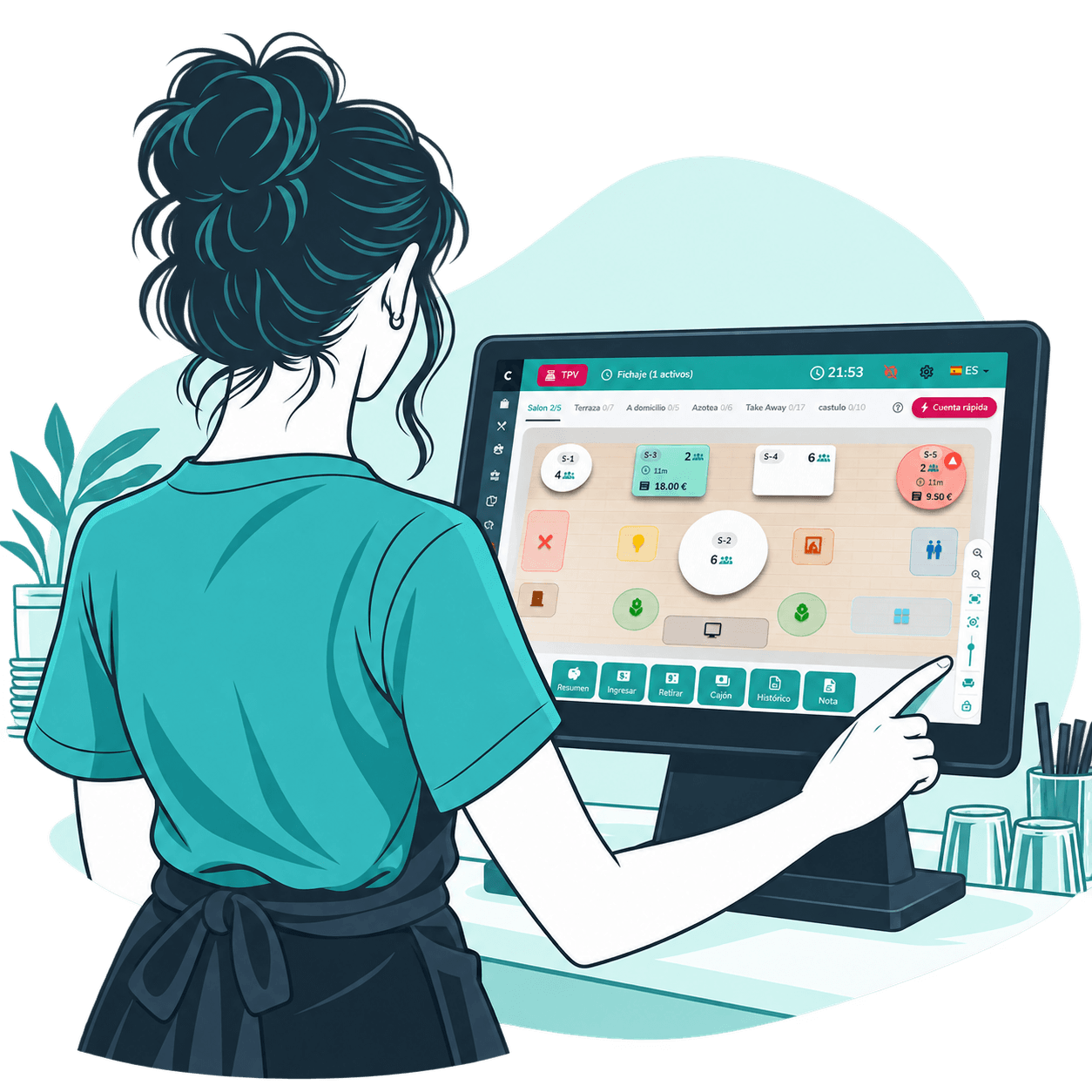 Illustration of a waitress managing the dining-room tables from the Comandator POS