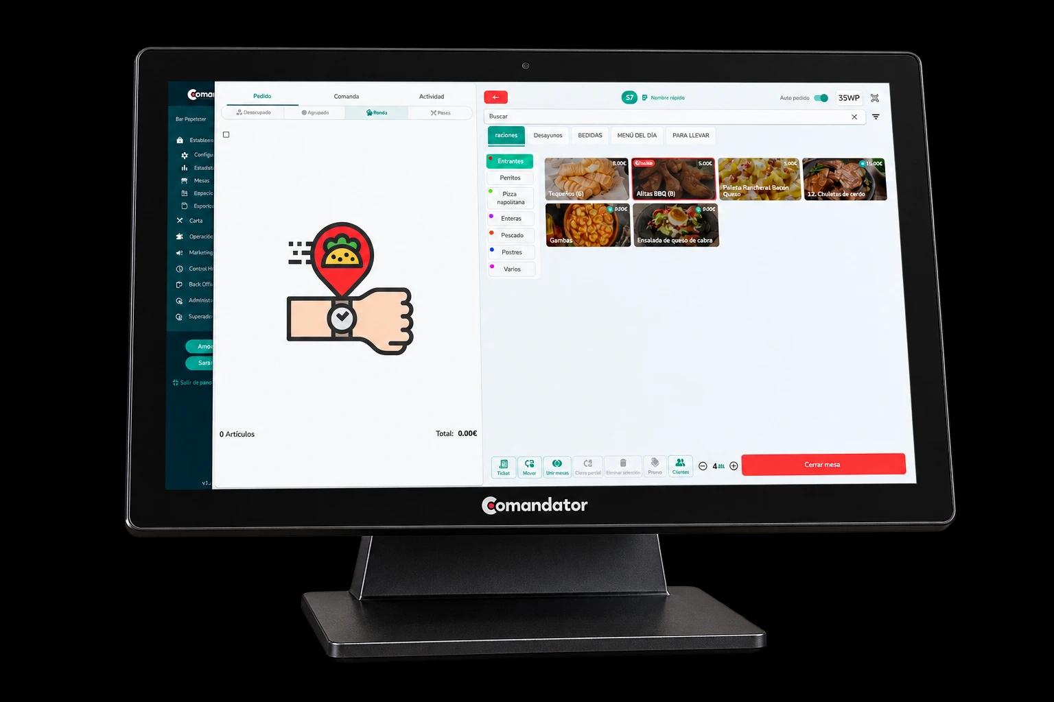 Comandator POS terminal on a dark background showing the order screen: the table order on the left and the menu with categories and dishes with photos on the right