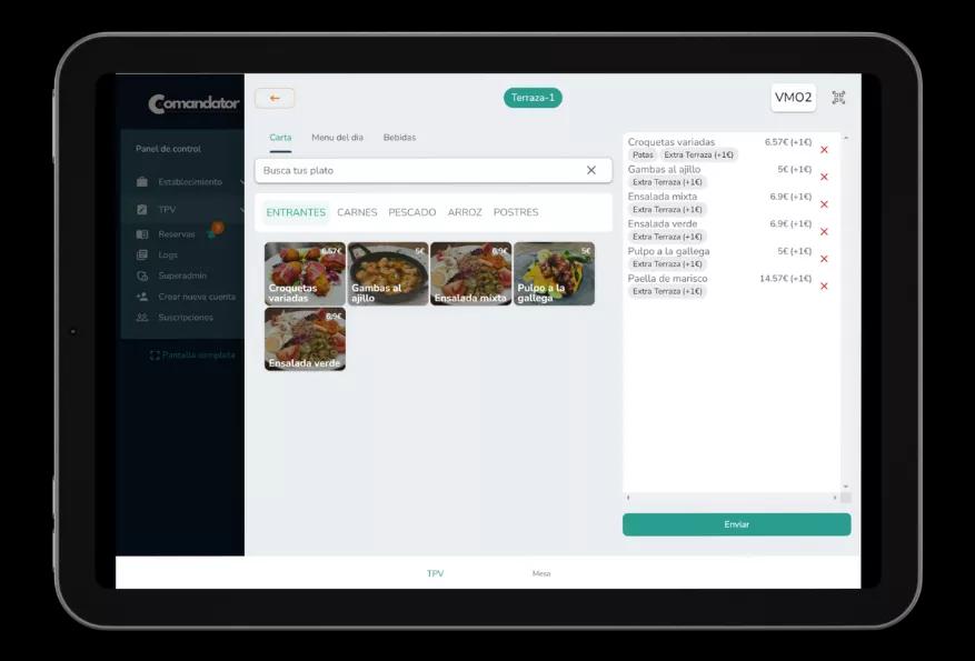 Comandator POS on a tablet with the menu and the table ticket